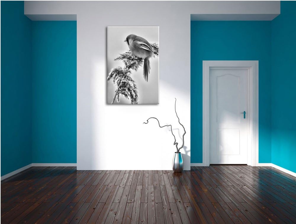 Pixxprint Monocrome, Kleiner Vogel auf Weizen im Winter, Format: 100x70 auf Leinwand, XXL riesige Bi