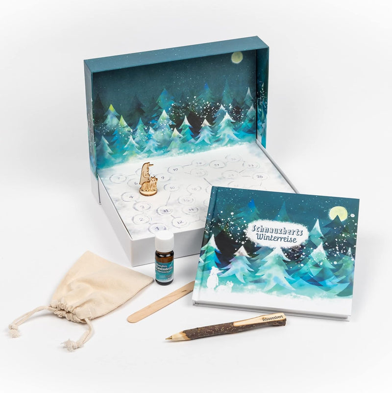Schnauzberts Winterreise – Adventskalender für Menschen mit Hund – Erlebnisbox mit Buch, Bio-Duftöl,