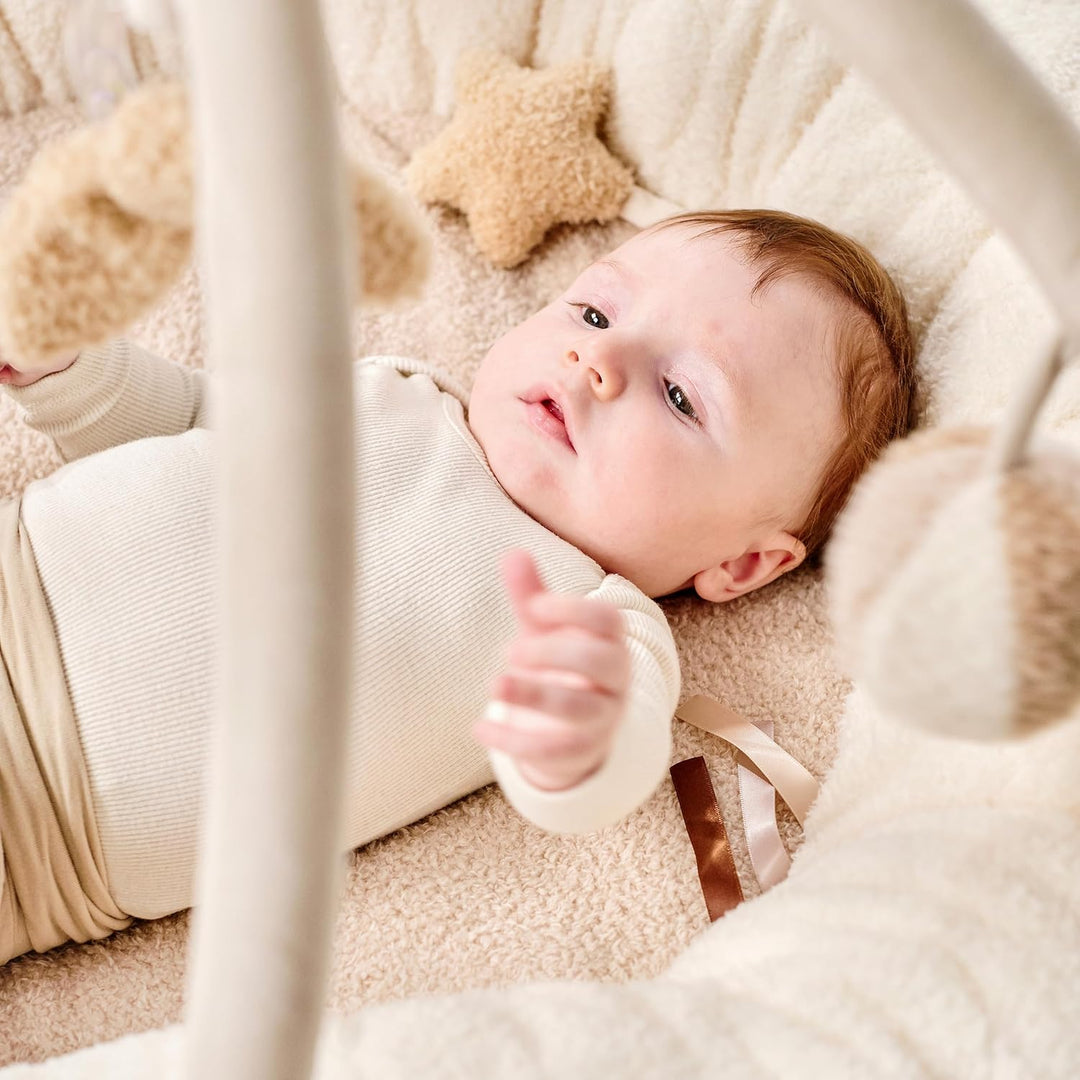 Nattou Runde Krabbeldecke mit Spielbogen, Ca. 90 cm, 100% Polyester, Teddy, Ecru