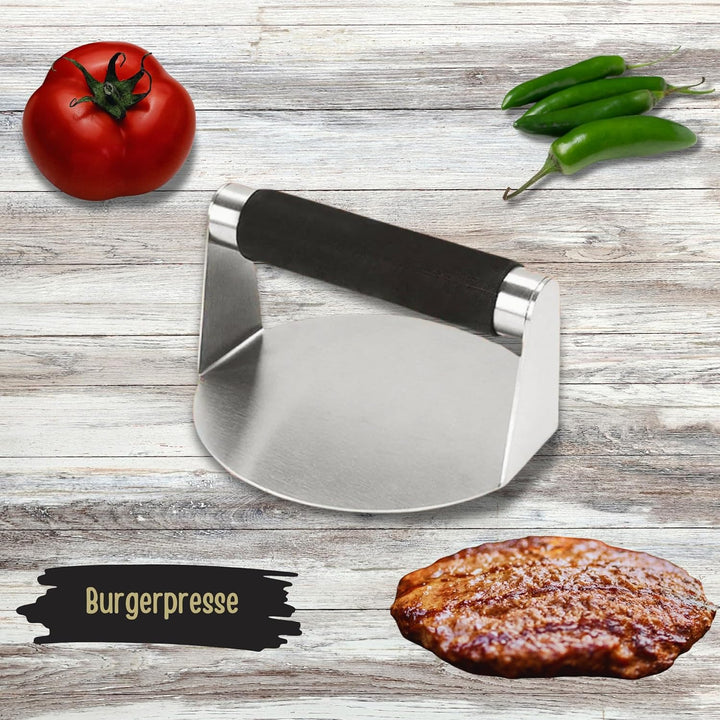 Smash Burgerpresse Edelstahl Set, Burgerpresse, Grillzange BBQ, Schmelzhaube Begiessdeckel, Burgerwe