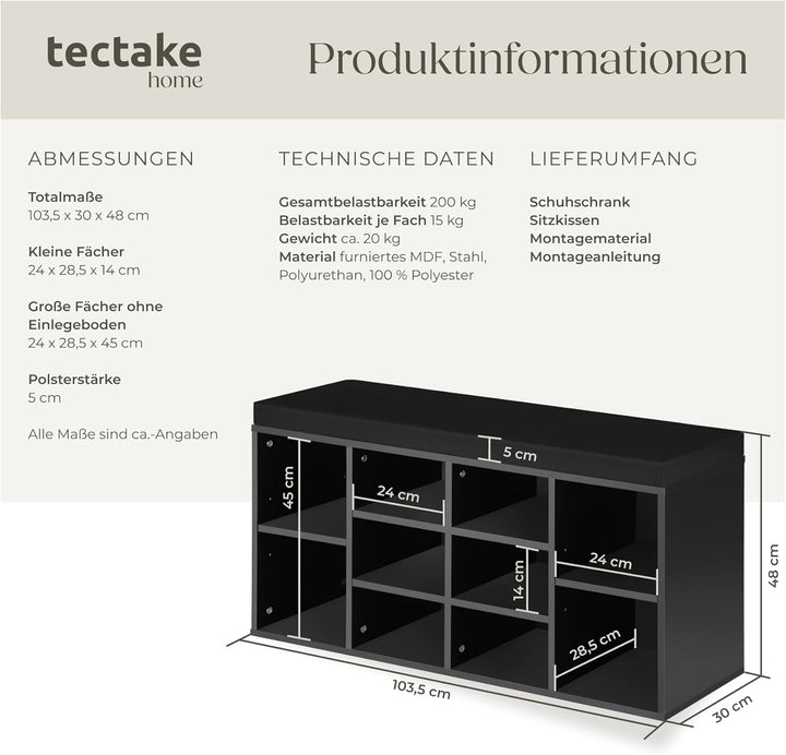 tectake® Schuhschrank mit Sitzbank, Schuhregal, Sitzbank mit Stauraum für 10 Paar Schuhe, Garderobe,