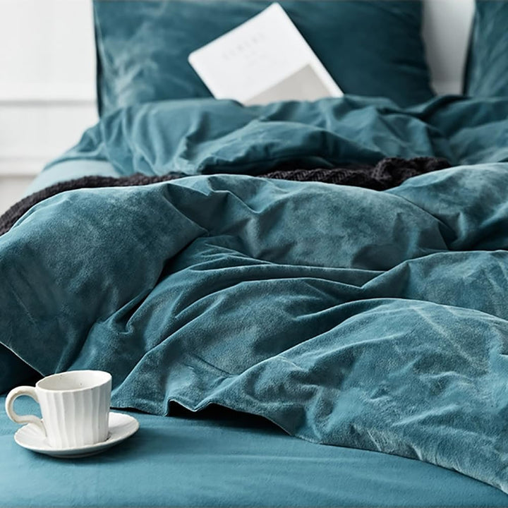 Michorinee Winter Plüsch Bettwäsche Set 135x200 cm 4teilig Petrol Blau |Winterbettwäsche, Cashmere T