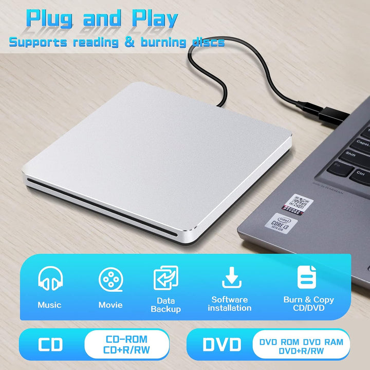 NOLYTH Externes CD Laufwerk für Laptop, DVD Laufwerk Extern für Mac MacBook, Slot-in Externe Optisch