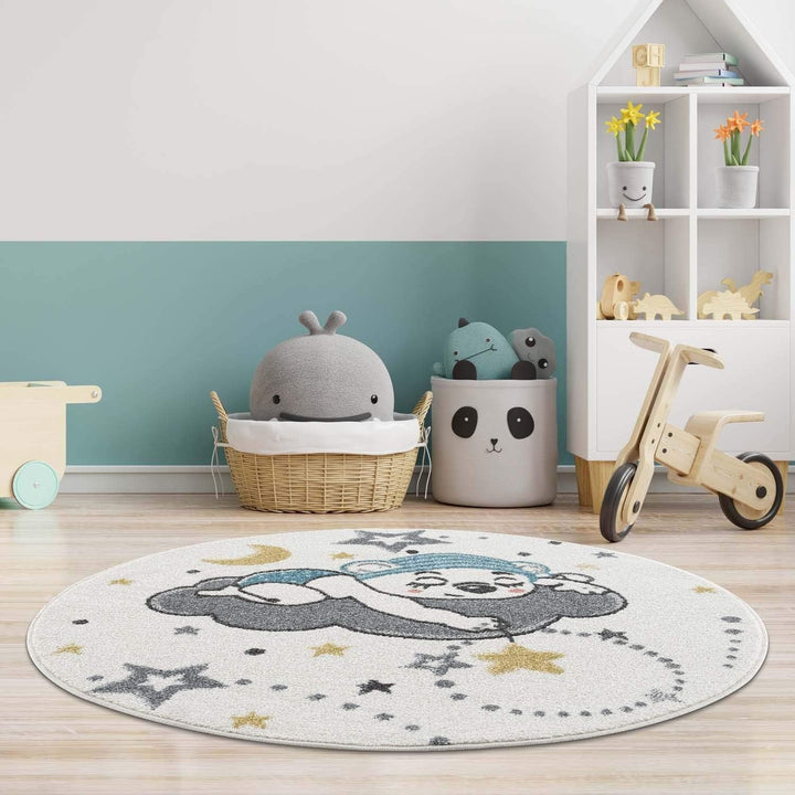 carpet city Kinderteppich Kinderzimmer Creme - 120 cm Rund - Nachthimmel Sterne Mond - Kinderzimmert