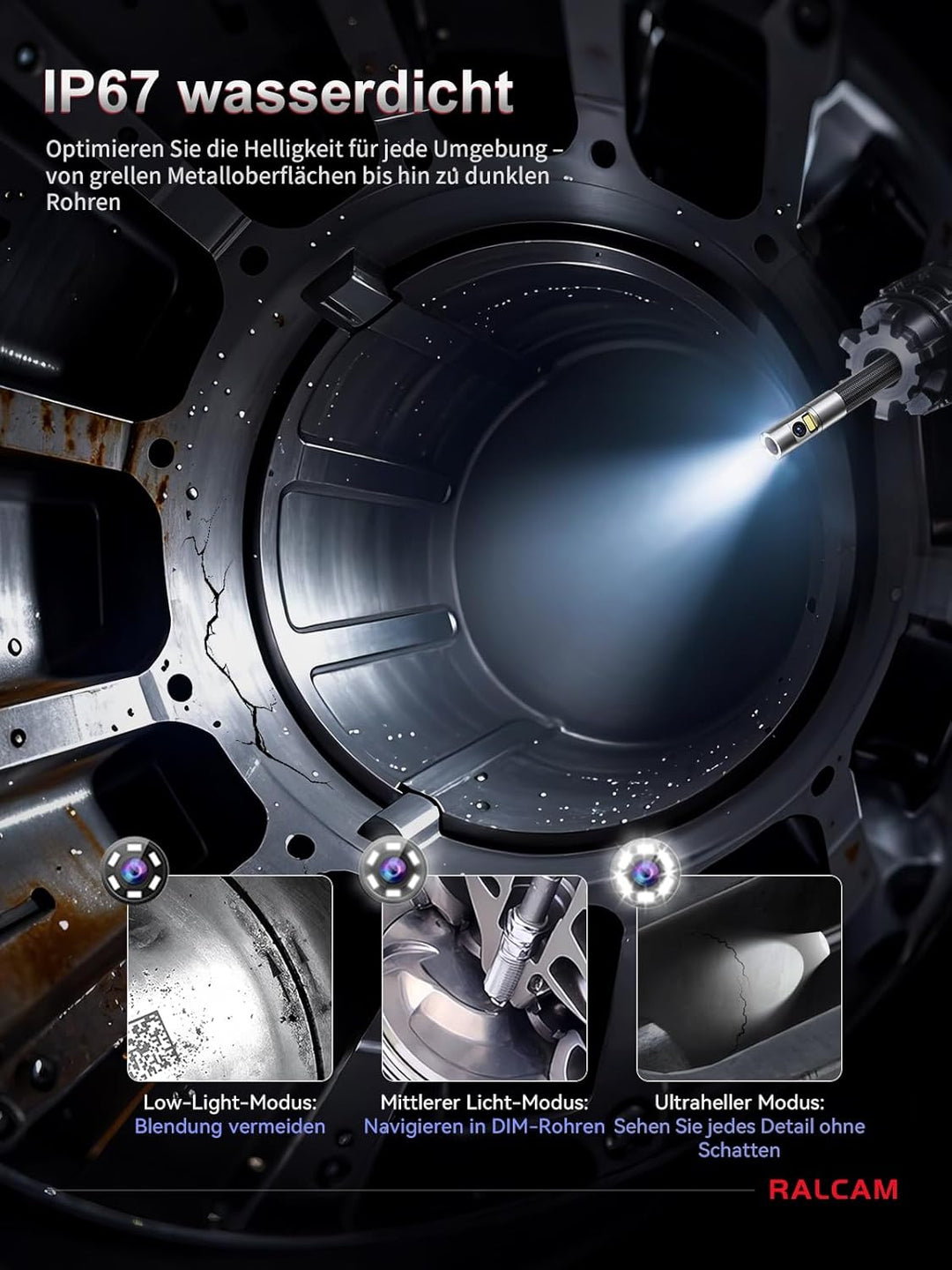 Ralcam Endoskopkamera mit Licht, Endoscope Camera mit 180° beweglichem Kopf, 6,5mm Dual-Sonde, 5" HD