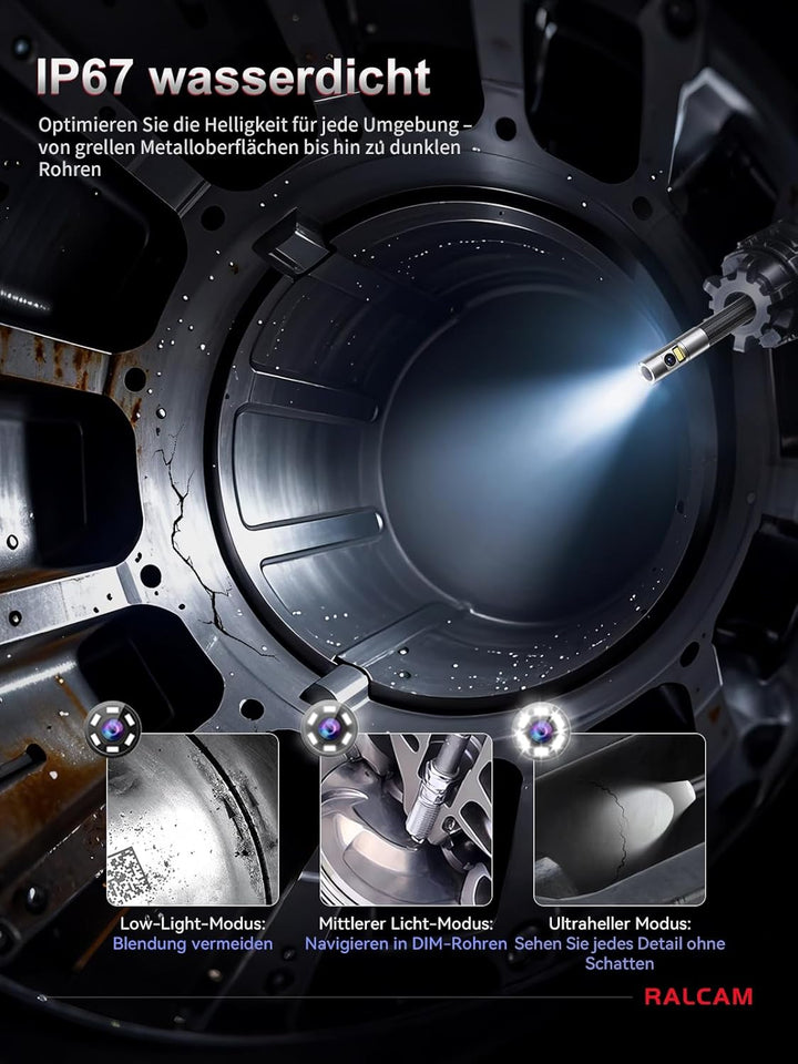 Ralcam Endoskopkamera mit Licht, Endoscope Camera mit 180° beweglichem Kopf, 6,5mm Dual-Sonde, 5" HD
