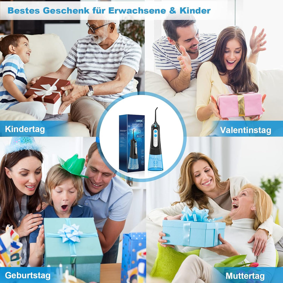 SURFOU Munddusche Kabellos Mundduschen 300ML 4 Modi 4 Düsen, Mundduschen Reise Water Flosser IPX7 Wa