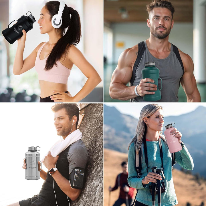 BeMaxx Trinkflasche Edelstahl ACTIVE FLASK + Strohhalm (3 Deckel) | Grosse 2,2 Liter Sportflasche BP