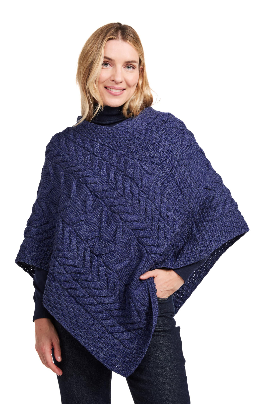 Aran Woollen Mills Superweicher Stilvoll Poncho aus 100% Merinowolle Einheitsgrösse Blau, Einheitsgr