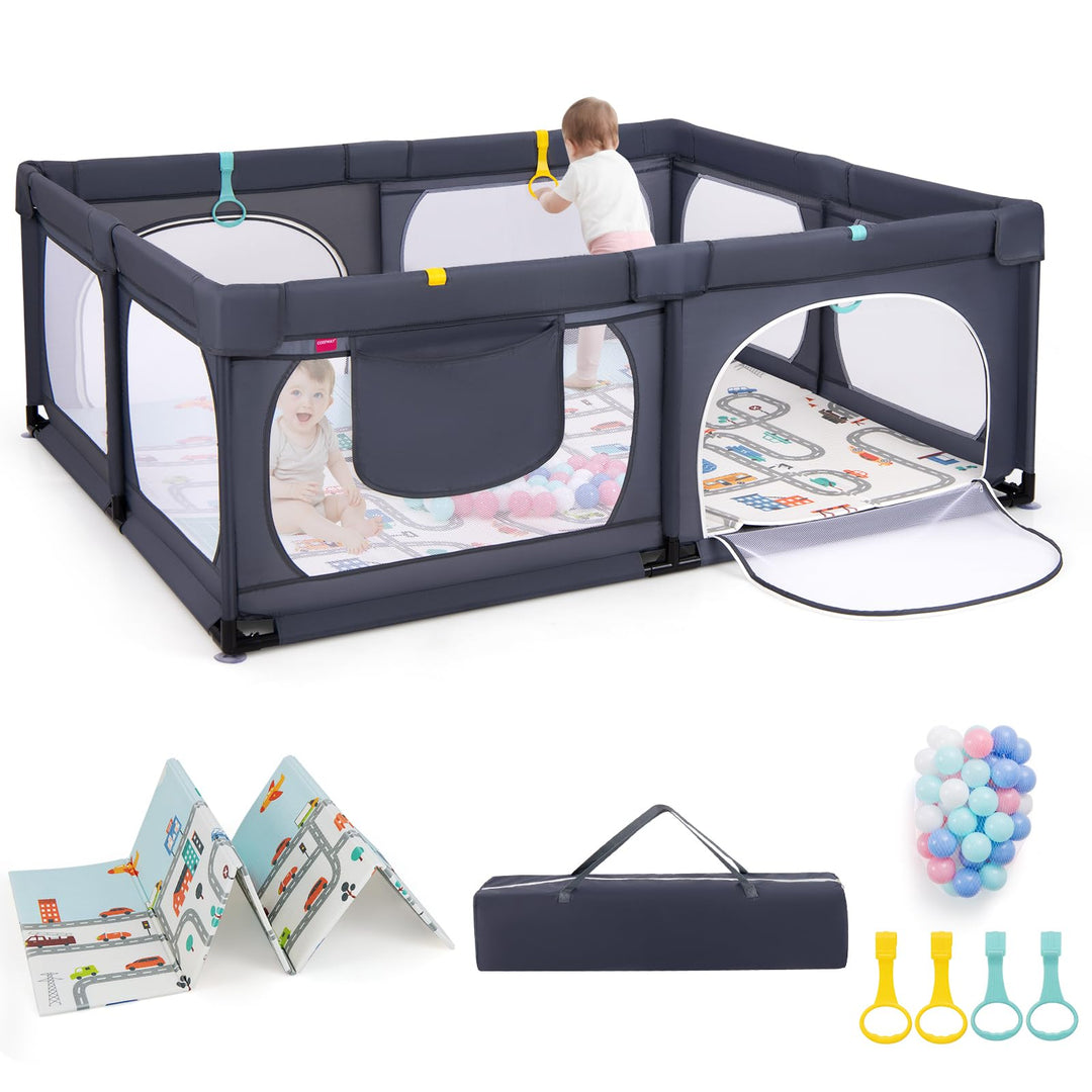 GOPLUS 189x158 cm Laufstall Baby, Laufgitter mit atmungsaktiver Netz, 4 Reissverschlusstür, Tragetas