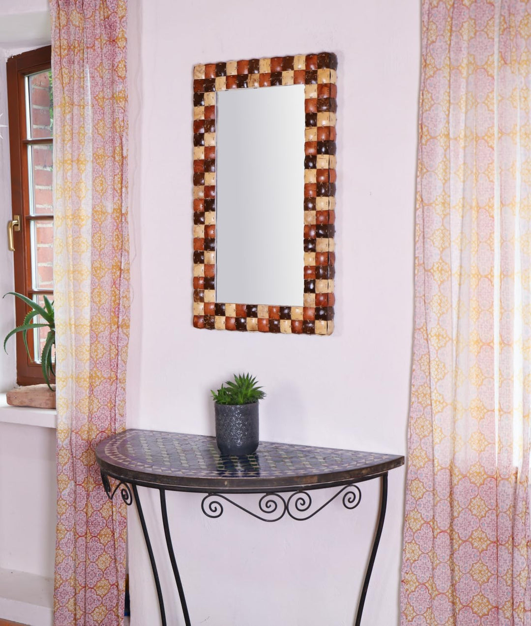 GURU SHOP Patchwork Spiegel mit Kokosnuss Rahmen - Modell 1 Braun, Bast, 80x50x5 cm, Spiegel