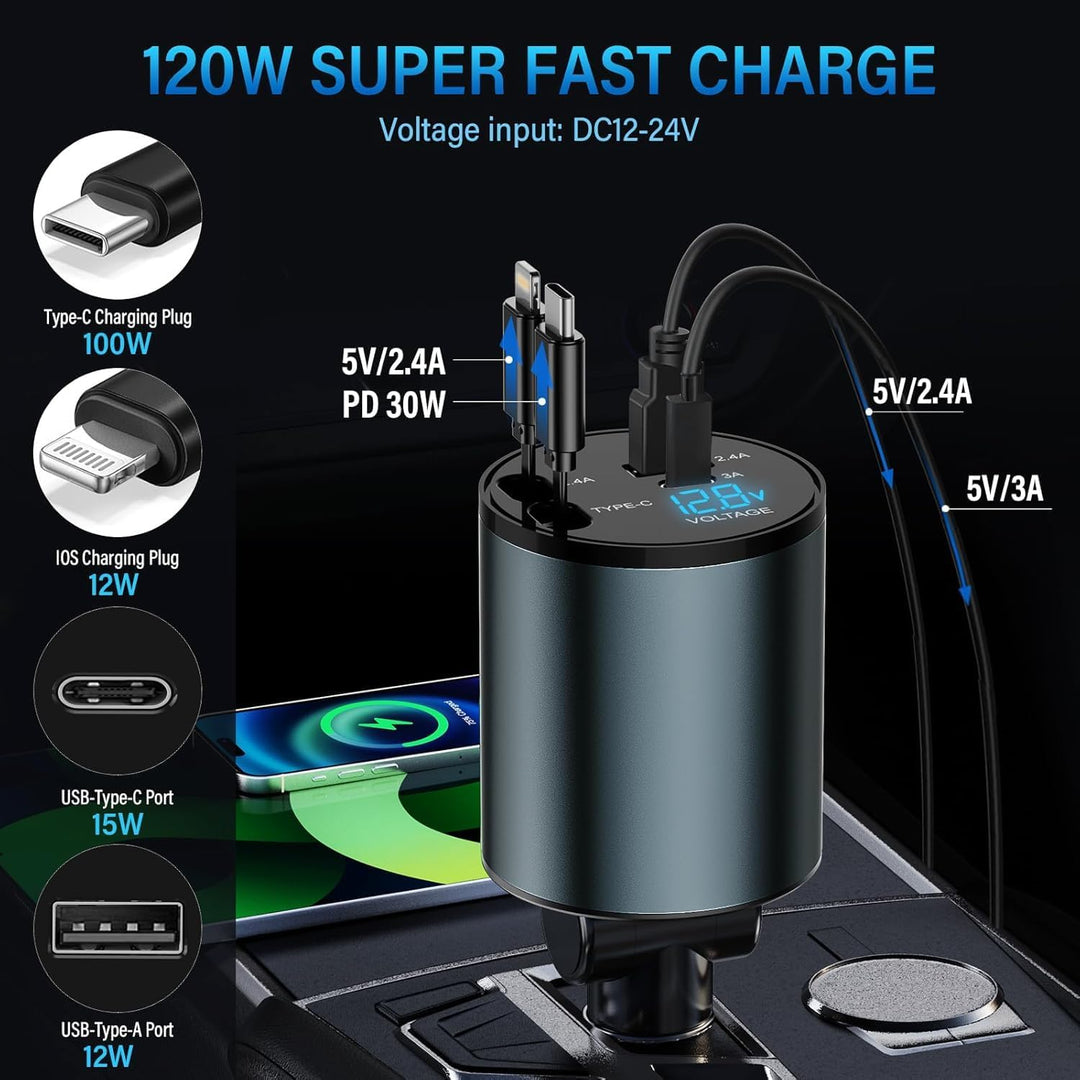 Auto Ladegerät Zigarettenanzünder USB C 4 in 1 56W - KFZ Ladegerät mit 2 einziehbaren Kabeln(Type C,