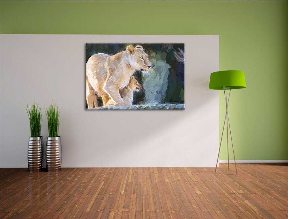 Löwenmutter mit Jungtier Deluxe Format: 100x70 cm auf Leinwand, XXL riesige Bilder fertig gerahmt mi