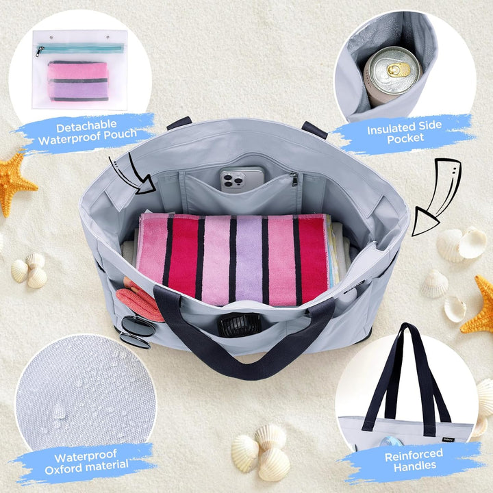 GAGAKU Strandtasche XXL mit Kühlfach, Wasserfest Beach Bag mit Reissverschluss – Faltbar Gross Badet