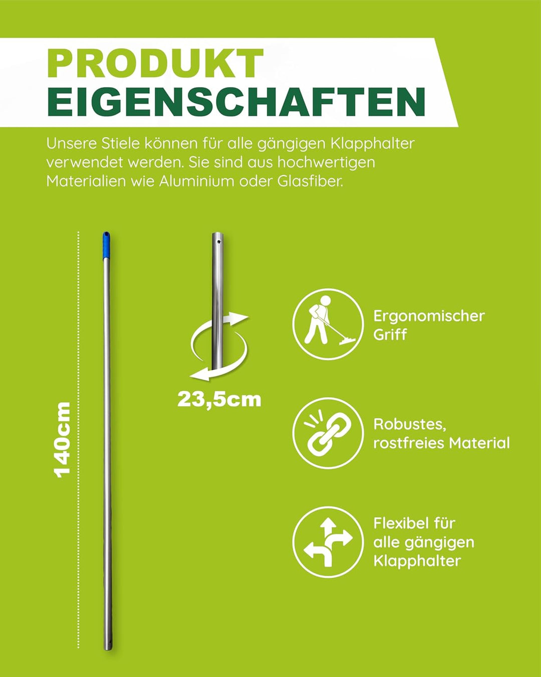 Wisch-Star Moppstiel Bodenwischer, Alustiel für Klapphalter 140 cm, Stil aus Aluminium für alle gäng