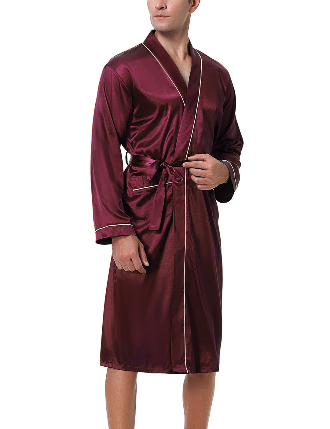 Bresdk Morgenmantel Herren Satin Kimono Robe Lang Leichter Bademantel für Männer S Rot M885, S Rot M