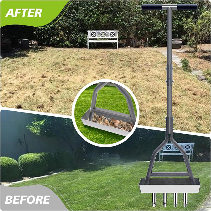 Rasenlüfter mit 4 Zinken, Rasenbelüfter Spike Metall mit Ablageschale & Gartengeräten, Rasen-Kernbel