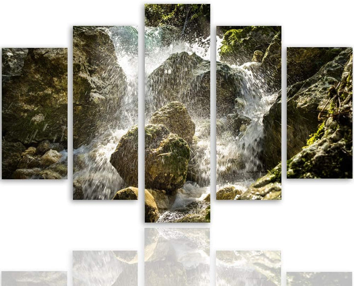 Feeby Wandbild XXL 5 Teilig Landschaft Leinwandbild Wasserfall Steine bunt 300x140 cm Leinwandbild 3
