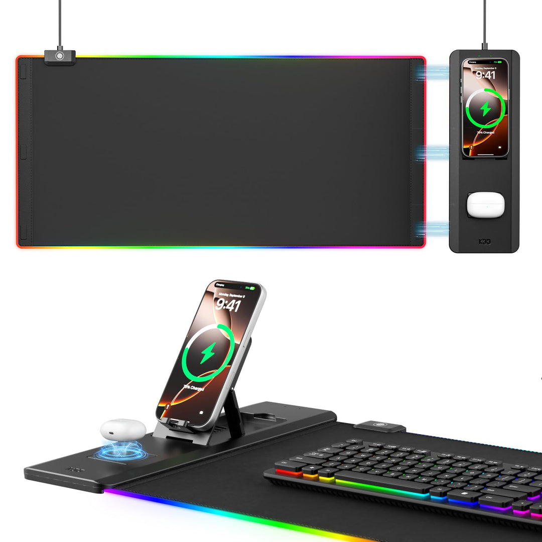 KDD Mauspad Gaming LED 15W Qi Kabelloser Ladung, Gaming Mousepad XXL mit Faltbar Handyhalter, Rutsch