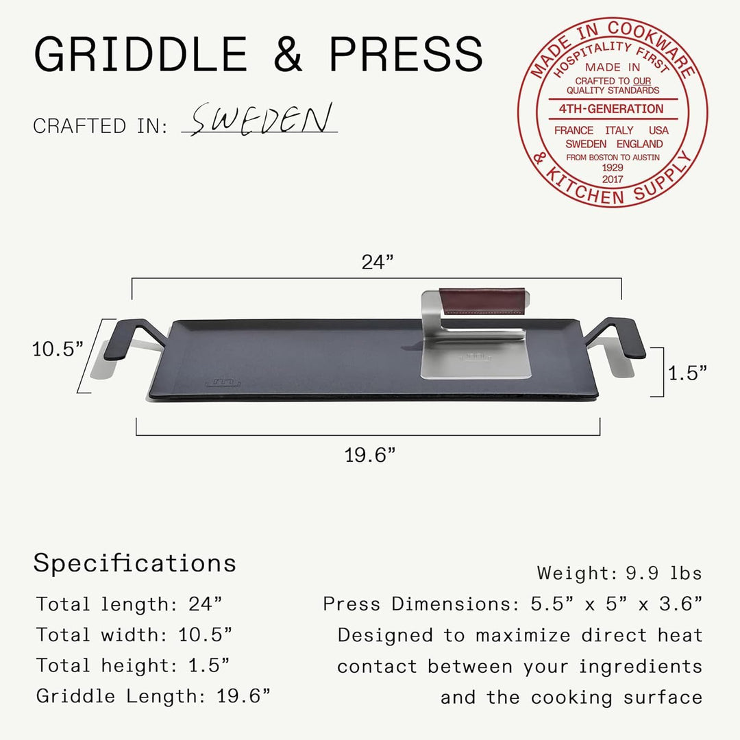 Made In Kochgeschirr – Grillplatte + Grillpresse aus Kohlenstoffstahl – (wie Gusseisen, aber besser)