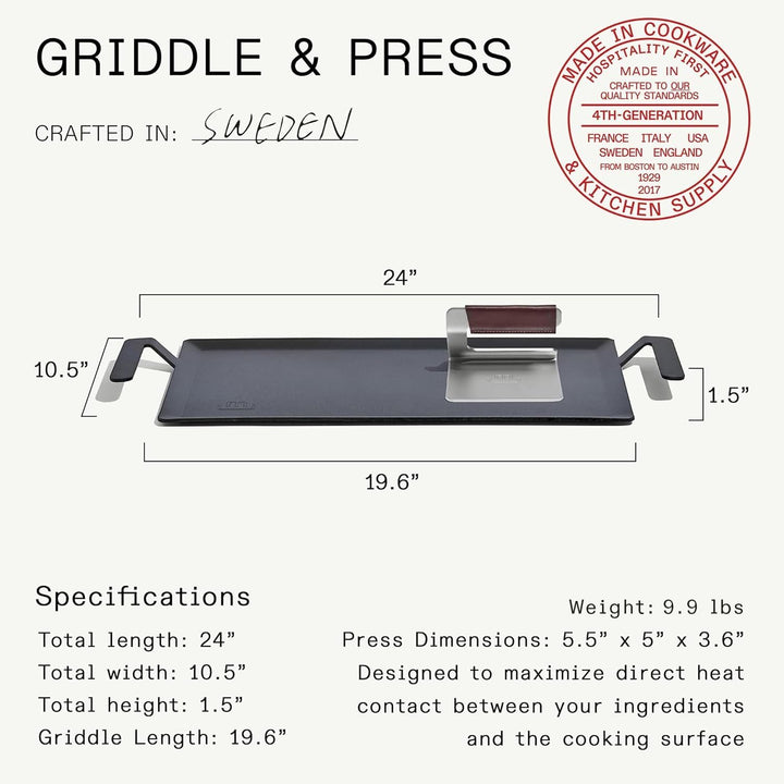 Made In Kochgeschirr – Grillplatte + Grillpresse aus Kohlenstoffstahl – (wie Gusseisen, aber besser)