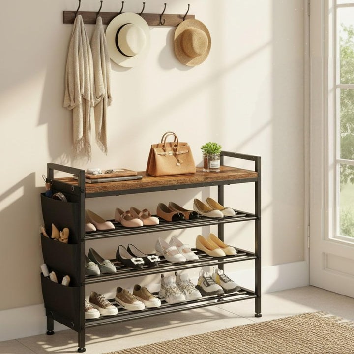 Schuhregal platzsparend 4 Ebenen für 12-16 Paar, Schuhschrank schmal mit Seitentaschen, Schuhregal H