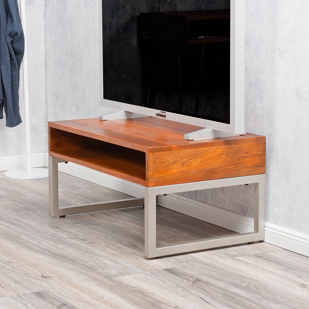 LEBENSwohnART Couchtisch Bow 80cm Stone-M Massivholz Wohnzimmertisch Mango Holz Metall Design