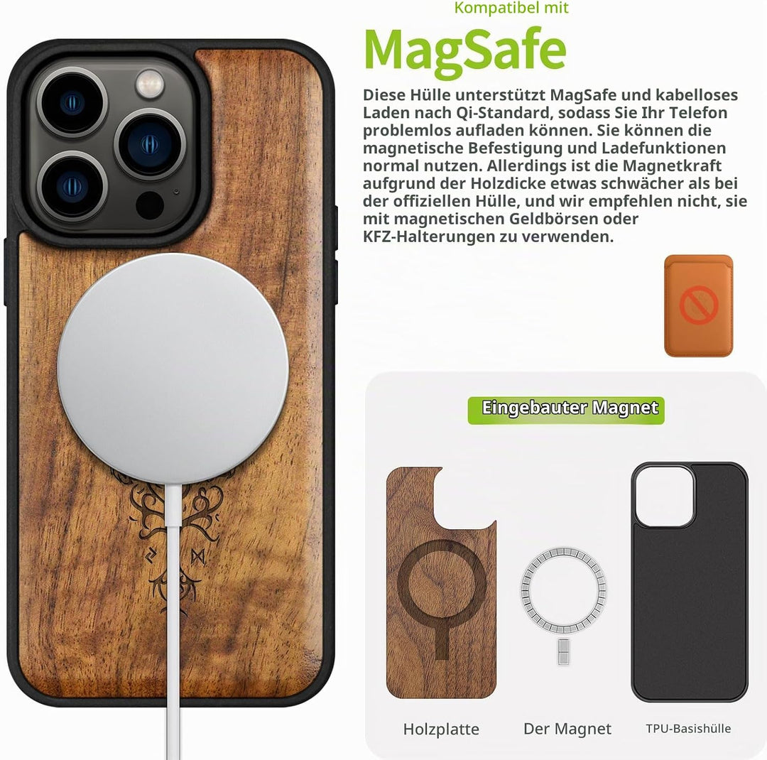 Carveit Holz Cover für iPhone 15 Pro hülle, Kompatibel mit Magsafe Silikon Stossfeste Cover, Magneti