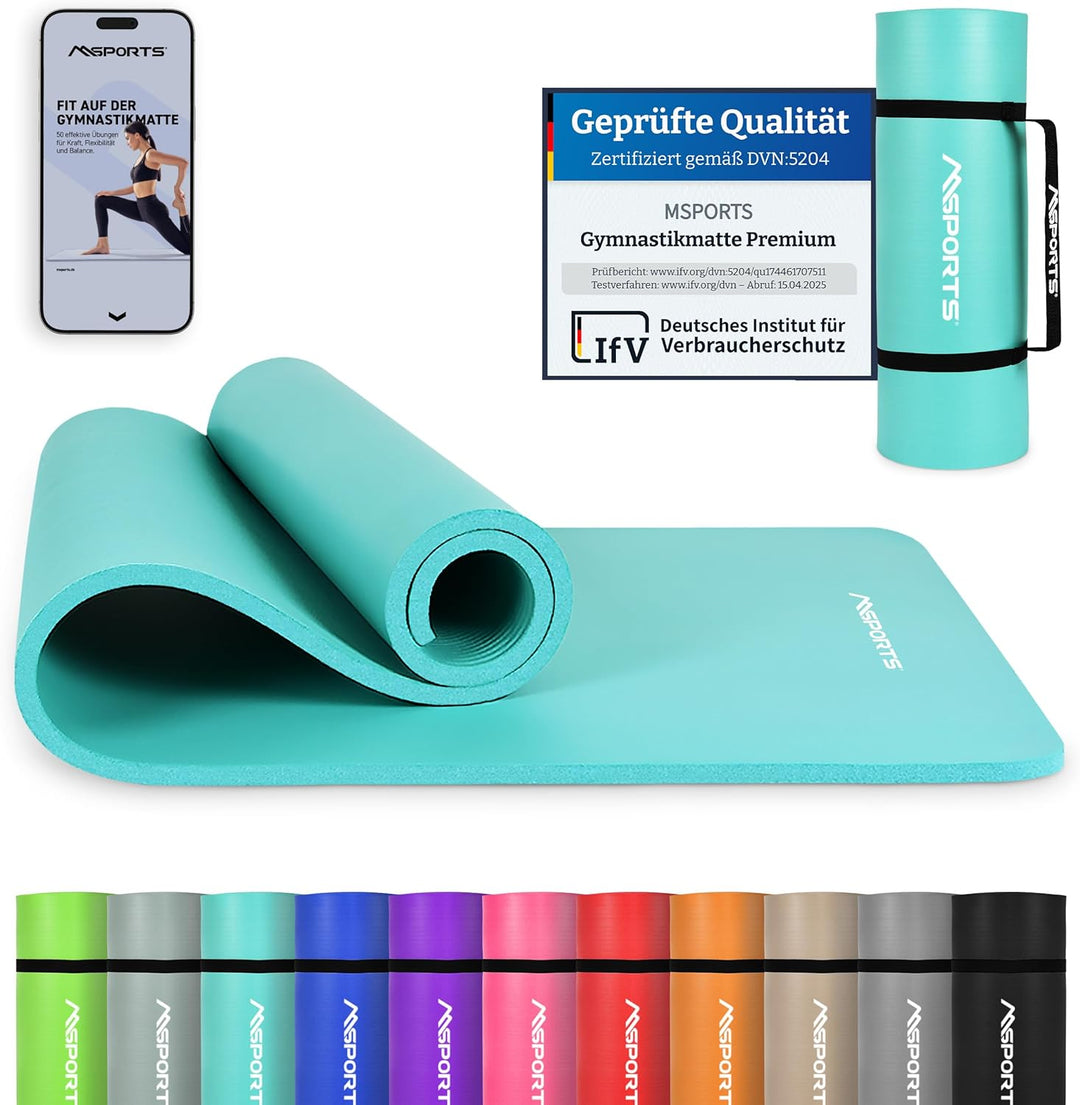 MSPORTS Gymnastikmatte Premium inkl. Tragegurt + Übungsposter + Workout App I Hautfreundliche Fitnes