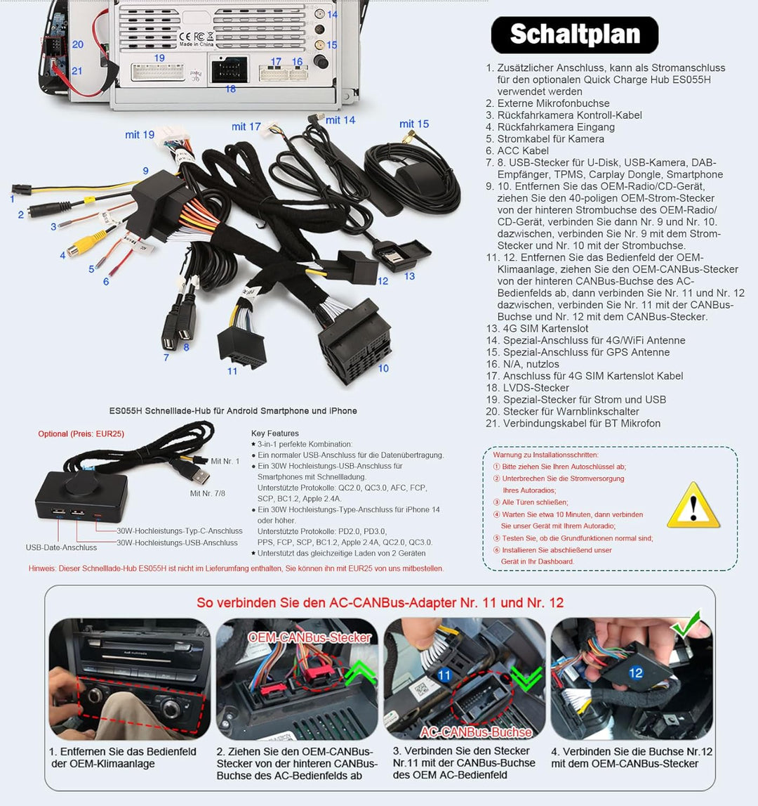 Erisin 8.8" Qualcomm 8-Kern 4GB+64GB Android 14 Autoradio GPS Navi für Audi Q5 (2009-2016) Unterstüt