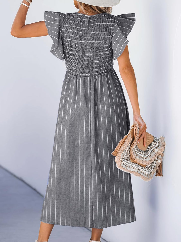 CUPSHE Damen Sommerkleid Quadratischer Ausschnitt Volantärmel Nadelstreifen A Linie Gesmoktes Maxikl