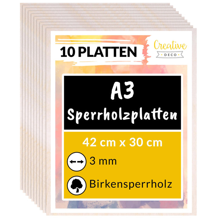 Creative Deco 10 x A3 Sperrholzplatte 3mm | 420 x 300 (+/- 0,5) mm | Birkensperrholz Dünne Holz-Zusc
