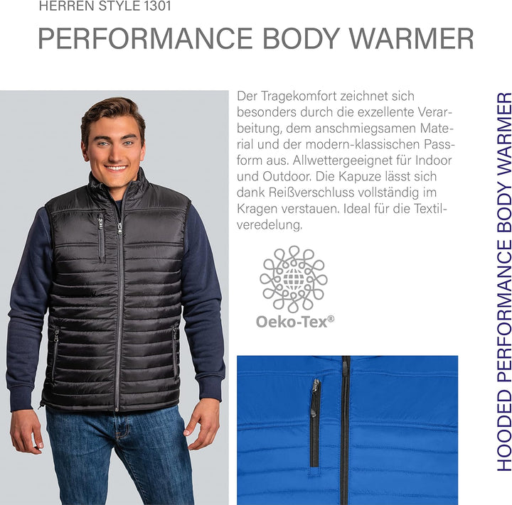HRM Herren Hooded Performance Body Warmer I Fair Trade Outdoor Weste, 100 g/m² I Aus 100% leichtem &amp;