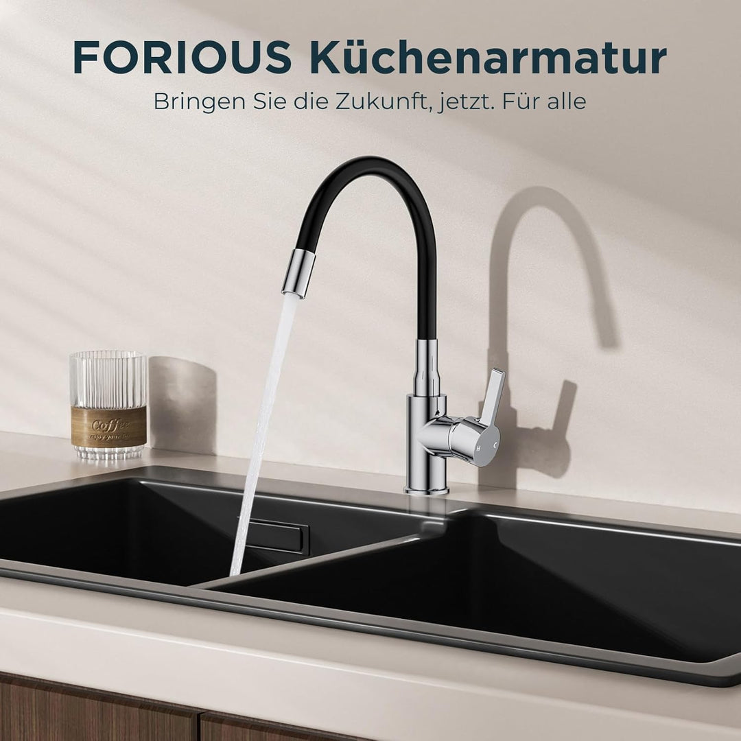 FORIOUS Flexible Wasserhahn Küche, 360° Drehbar Küchenarmatur 1 Loch Spülenarmatur, Einhebelmischer
