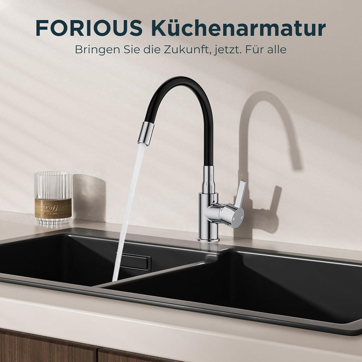 FORIOUS Flexible Wasserhahn Küche, 360° Drehbar Küchenarmatur 1 Loch Spülenarmatur, Einhebelmischer