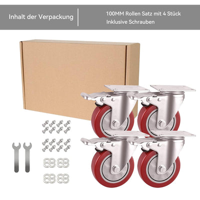 BAOLIHUI 4er Set Lenkrollen für Möbel 100MM Möbelrollen mit Bremse Schwerlastrollen 600kg Rot Rollen