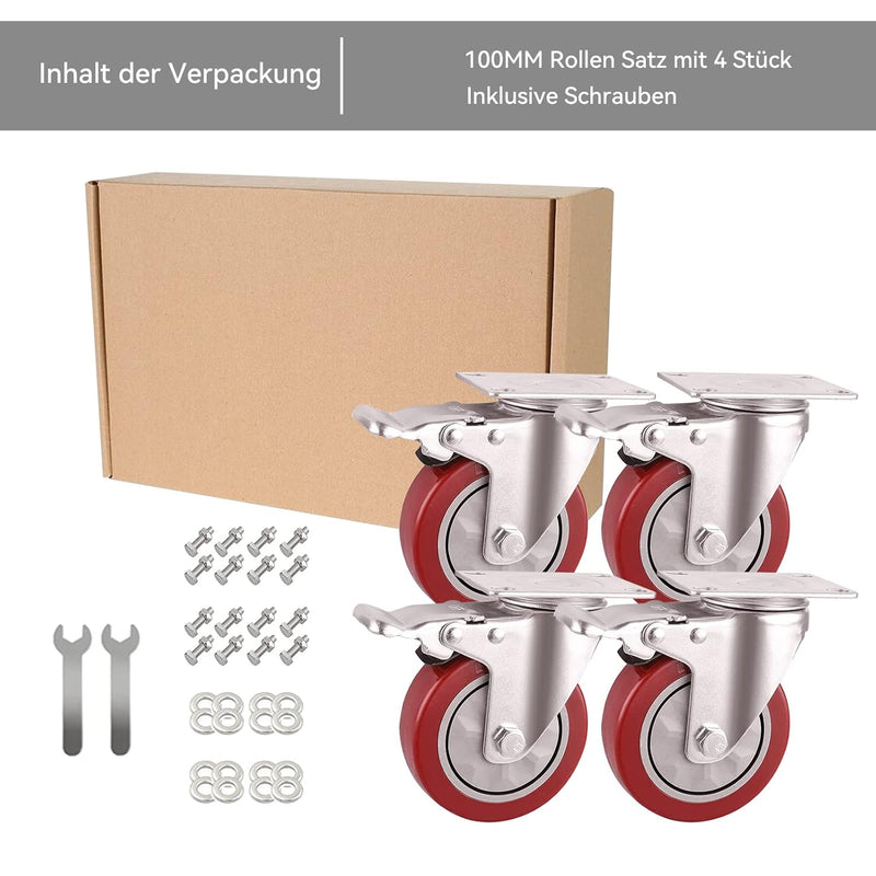 BAOLIHUI 4er Set Lenkrollen für Möbel 100MM Möbelrollen mit Bremse Schwerlastrollen 600kg Rot Rollen