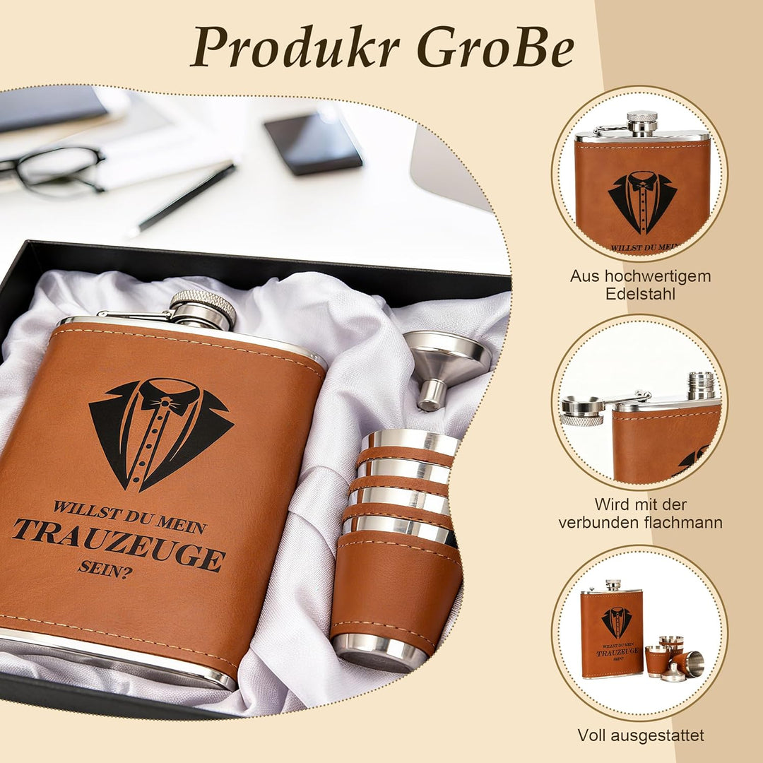 Flachmann mit Gravur 8oz Edelstahl Geschenkset für Trauzeuge und Trauzeugin, Schwarze Geschenkbox mi