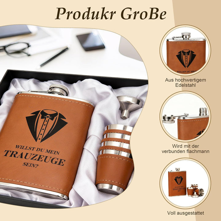 Flachmann mit Gravur 8oz Edelstahl Geschenkset für Trauzeuge und Trauzeugin, Schwarze Geschenkbox mi