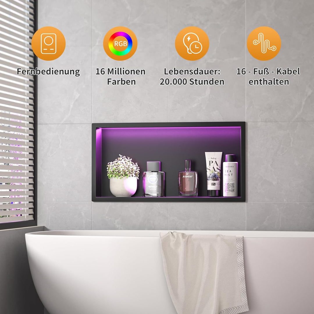 Bernkot Wandnische Dusche Edelstahl mit RGB LED, Wandnische Bad Nische Duschnische Befliesbar mit Fe