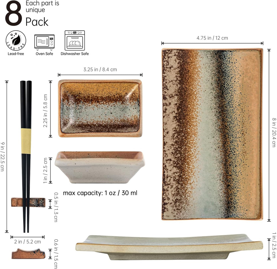 UNICASA Japanisches Geschirr 8er Set, Sushi Geschirr Set Mit Sushi Teller, Dipschalen,Essstäbchen un