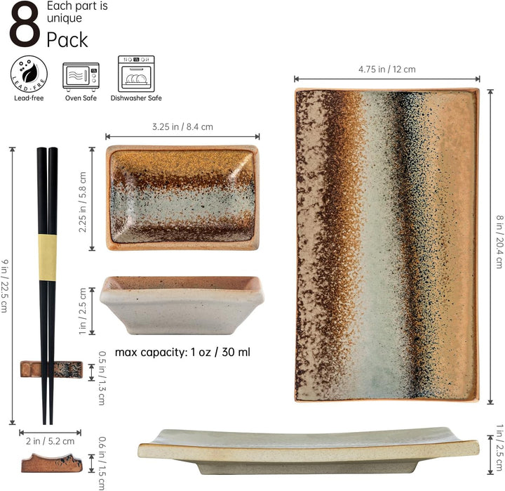 UNICASA Japanisches Geschirr 8er Set, Sushi Geschirr Set Mit Sushi Teller, Dipschalen,Essstäbchen un