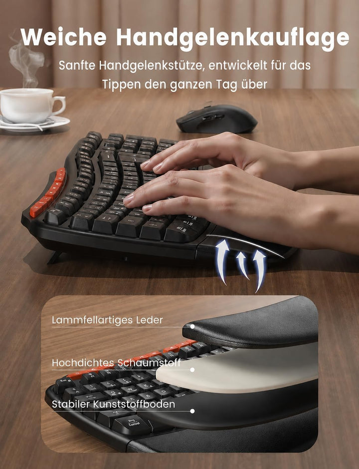 Tastatur Maus Set Kabellos, 2,4GHz Wave Tasten in Voller Grösse, Ergonomische Tastatur mit Gepolster