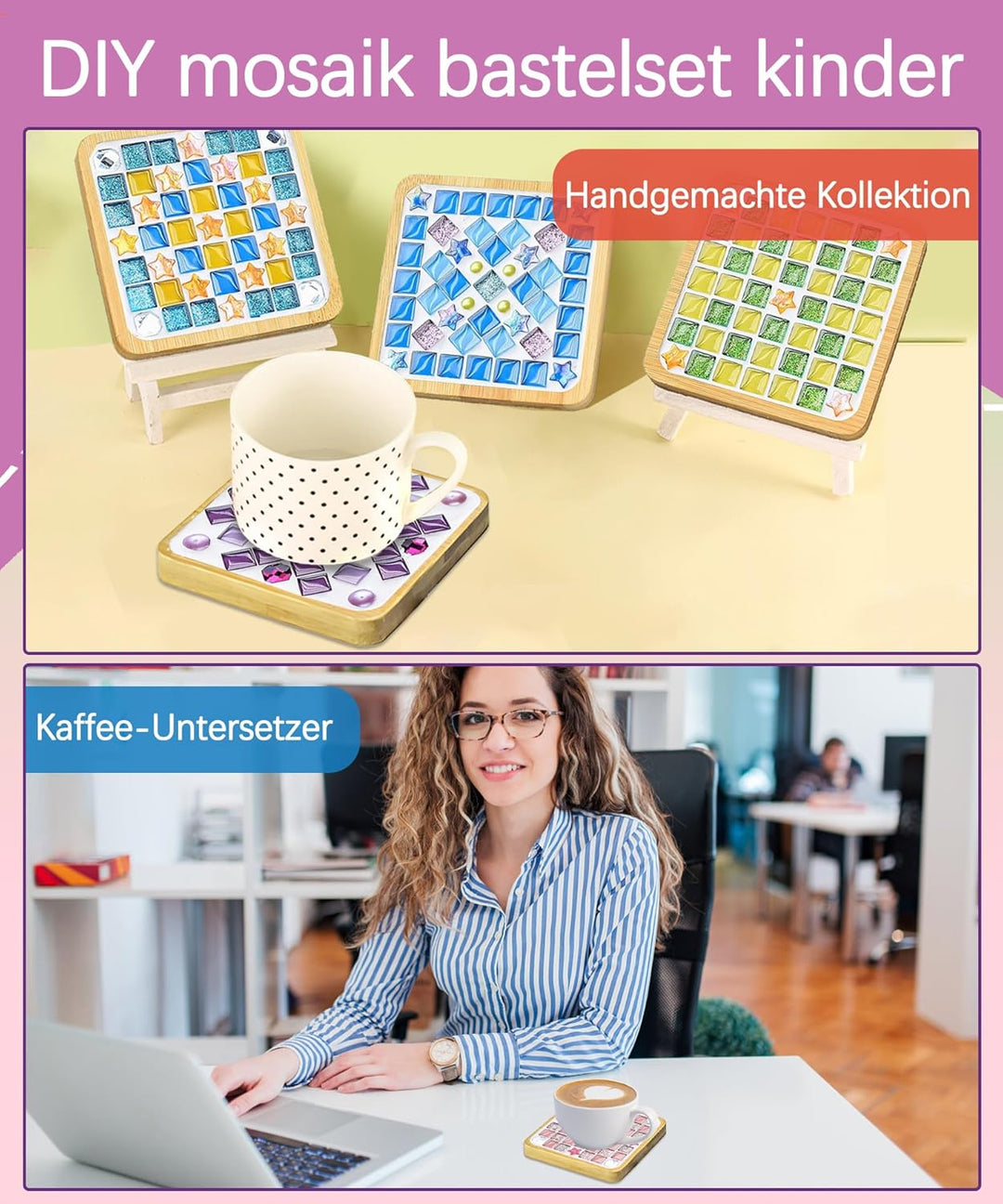 Finsink Mosaik bastelset kinder 8pcs mosaik untersetzer bastelset diy holz untersetzer Set Mosaikste