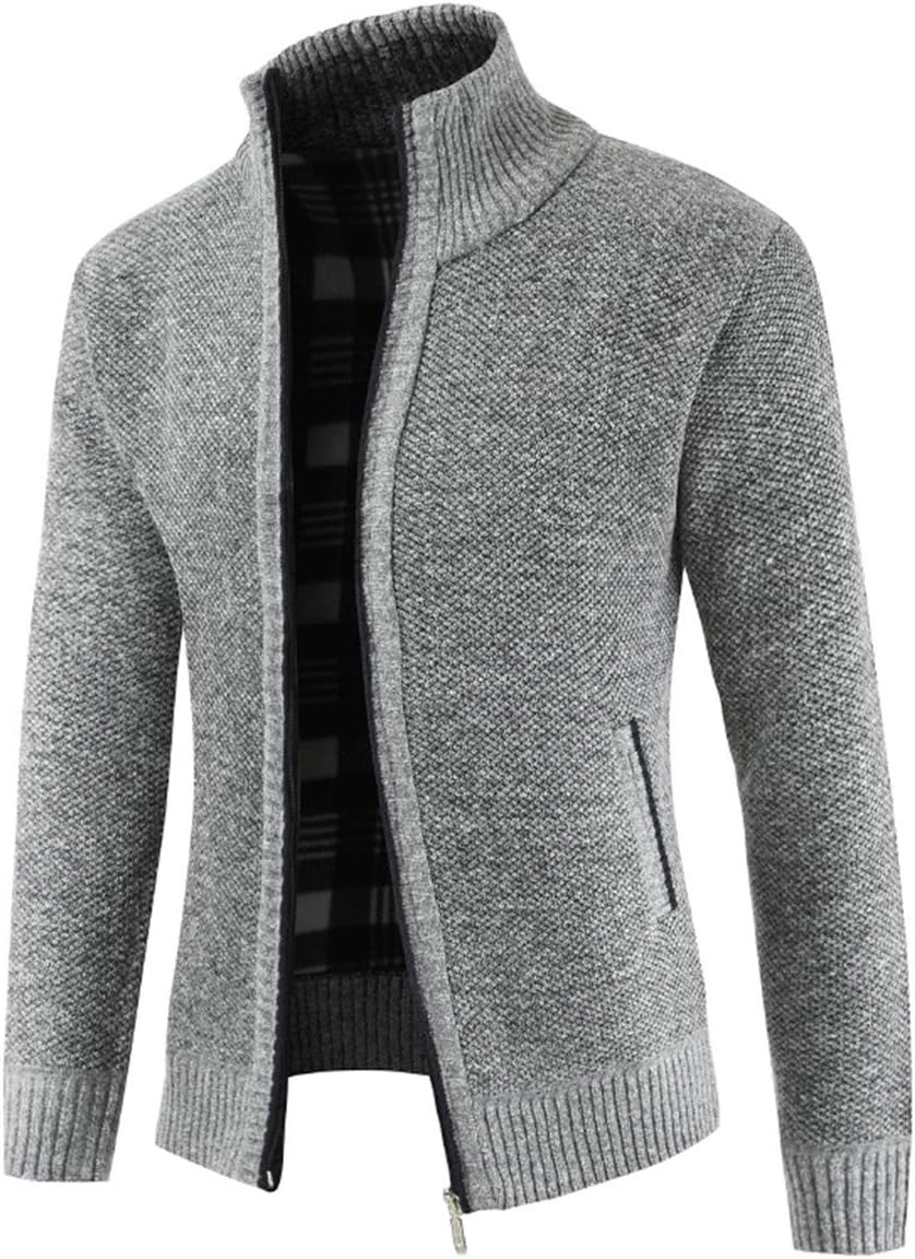 Sliktaa Herren Strickjacke Reissverschluss Cardigan Stehkragen Grobstrick Fleecejacke Warm Sweater J