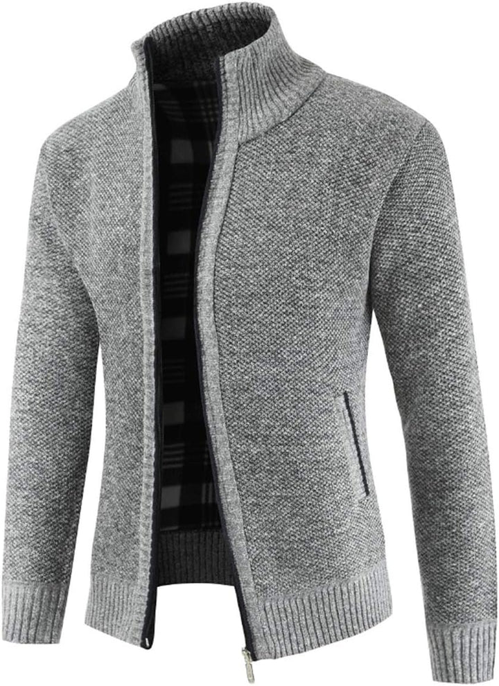 Sliktaa Herren Strickjacke Reissverschluss Cardigan Stehkragen Grobstrick Fleecejacke Warm Sweater J