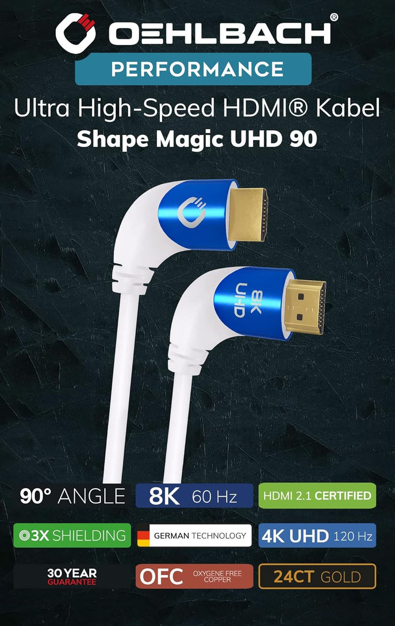 Oehlbach Shape Magic 90 UHD - 8K Ultra High Speed 2.1 HDMI-Kabel - Zertifiziert 48 Gbps (90 Grad Win