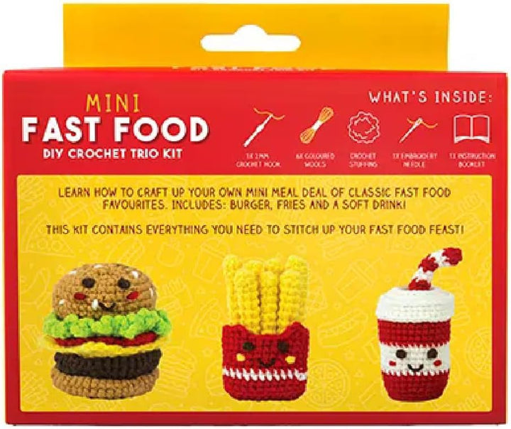 Mini Fast Food Häkelset - DIY Häkeltrio-Set für Anfänger | Burger, Pommes Frites & Drink Charaktere