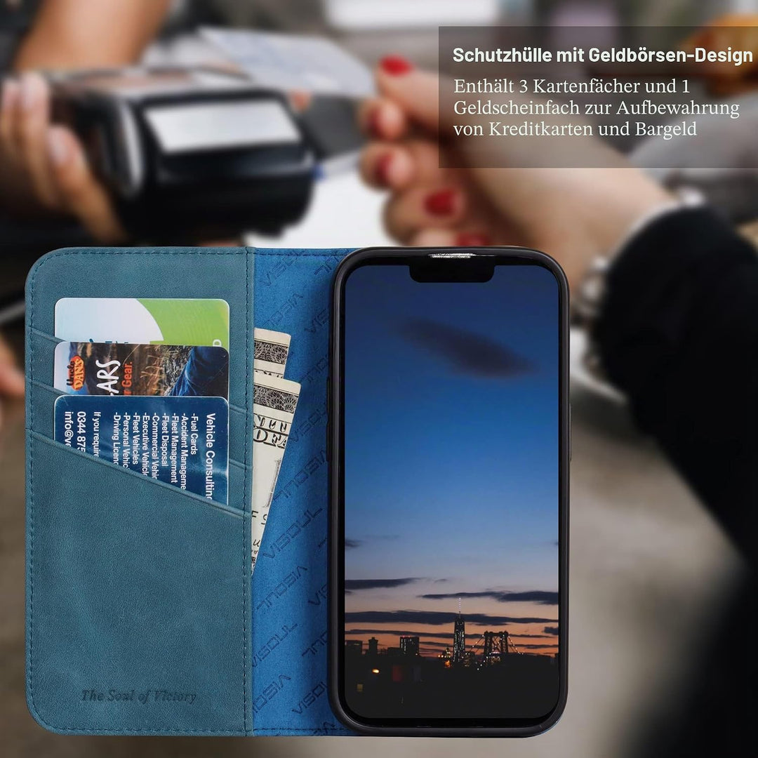VISOUL Hülle für iPhone 15, Schutzhülle [Echt Leder] [Schützt vor Stoss] [Kartenfach] [Magnetverschl