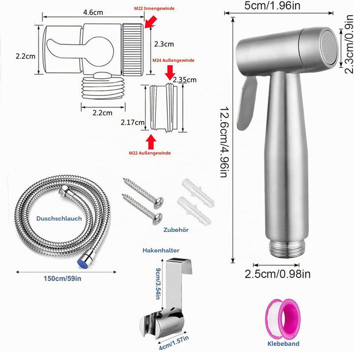 Bidet Edelstahl Handbrause, Badezimmer - Bidetaufsatz mit mit Wasserhahn-Spender, Federschlauchhaken